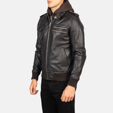 Mens Brown Hooded Leather Bomber Jacket